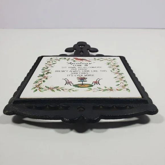 MCM Cast Metal Ceramic Tile Wall Plaque Trivet Vintage Apology Birds Flowers - Picture 8 of 14